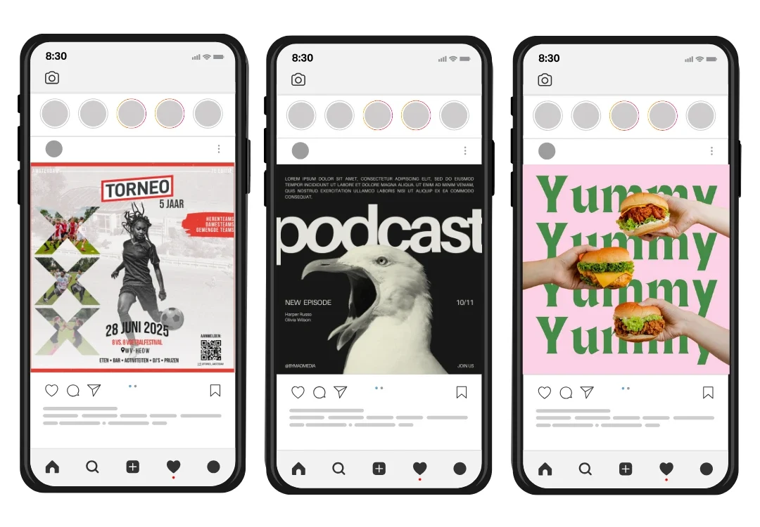 Social media visuals gepresenteerd als Instagram-feed, met drie creatieve posters van byMADmedia