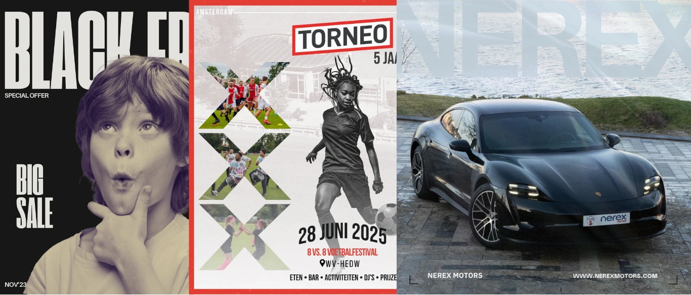 Drie brandingposters ontworpen door byMADmedia voor verschillende merken en campagnes